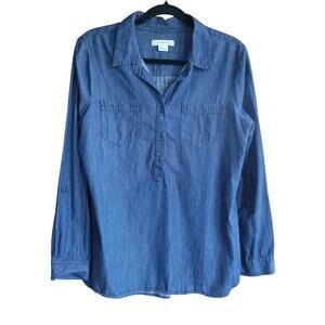 Liz Claiborne Blue Chambray Tiny Dot Blouse Button Front Lightweight Casual Top